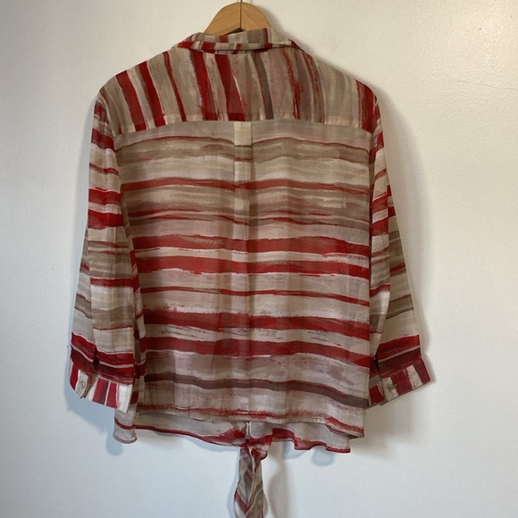 Chico's Red Gray Striped Blouse 3/4 sleeve semi sheer button front shirt 3 or XL - Picture 5 of 10